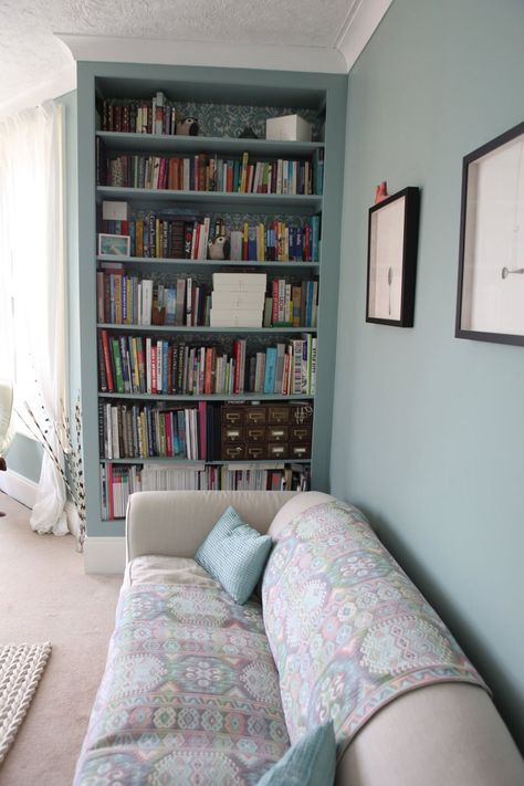 The painted bookshelf makes it look built in (actually I think it is) but still good to know that painting is bookshelf same as walls may help to make it look built in Dix Blue Farrow And Ball, Dix Blue, Blue Painted Walls, Painted Bookshelves, Wall Colours, Oval Room Blue, Corner Bookshelves, Blue Paint Colors, Farrow And Ball