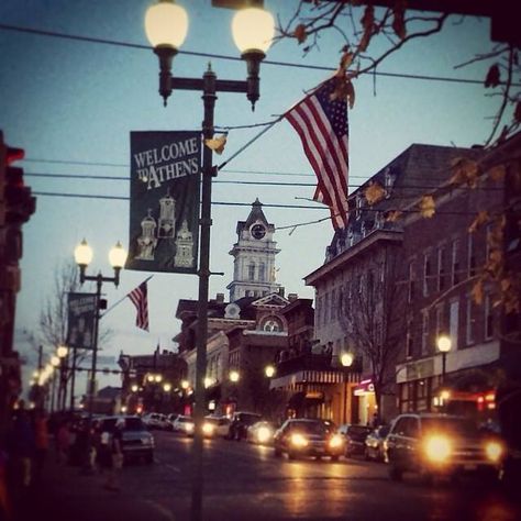 The beautiful Court Street. Picture from Visit Athens Ohio. Ohio University Athens Aesthetic, Visit Athens, Ashland University Ohio, Ohio University Athens, Canton Ohio Vintage, Athens Ohio, Ohio University, Character Board, Alma Mater