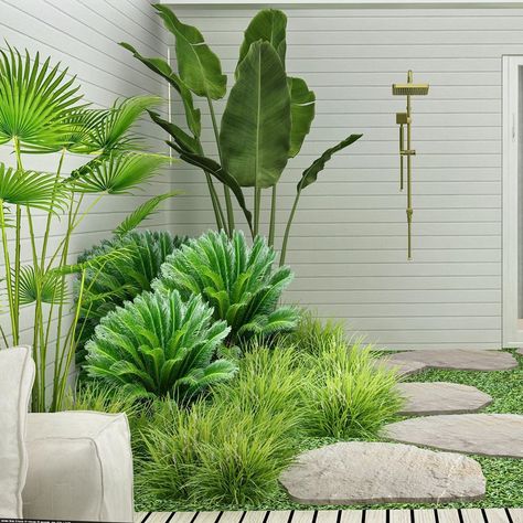 Frontyard Landscape, Tropical Backyard Landscaping, Tropical Landscape Design, Landscape Layout, Garden Pergola, Tropical Garden Design, Outdoor Showers, Tropical Backyard, Garden Border