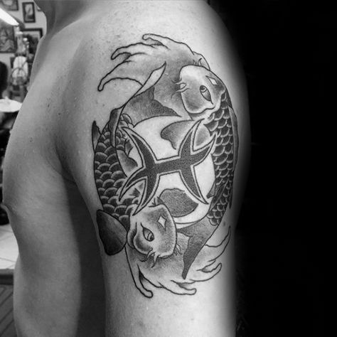 Shaded Black And Grey Ink Swimming Fish With Pisces Symbol Guys Arm Tattoo Ideas Mens Pisces Tattoo Ideas, Pisces Tattoo Ideas, Jewellery Tattoo, Tattoo Ideas For Guys, Pisces Symbol, Pisces Tattoo Designs, Cat Bags, Pisces Tattoo, Swimming Fish