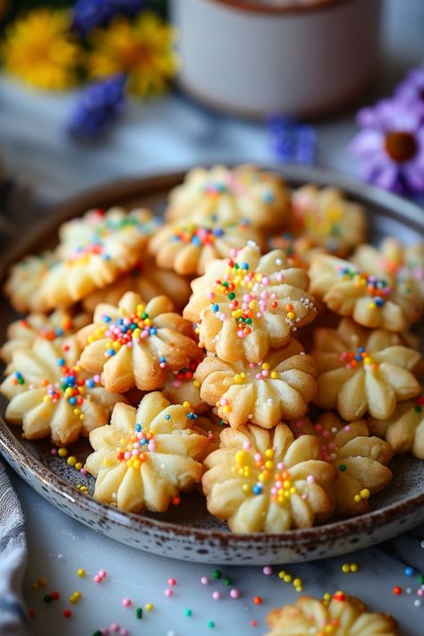 Colorful flower-shaped cookies with sprinkles on a plate. Easy Spritz Cookies, Best Cookie Press Recipes, Press Cookies Christmas, Pressed Cookies Recipe, Spritz Cookies Recipes Best, Cookie Press Cookies Recipe, Spritz Cookies Recipes, Spritz Cookies Christmas, Cream Cheese Spritz Cookie Recipe