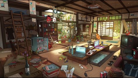 Aesthetic House Sketch, Abandoned Hangout Spots, Japanese House Wallpaper, Japanese House Concept Art, Anime Japanese House, Vn Background, Room Art Drawing, Japanese House Aesthetic, Japanese House Art