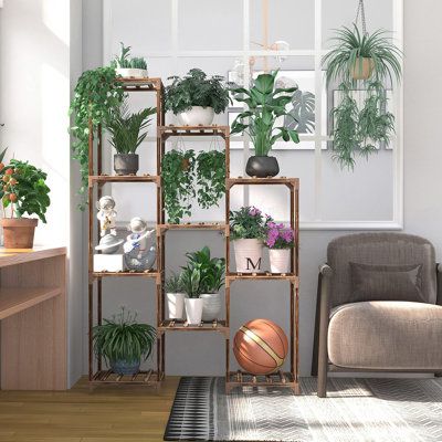 Arlmont & Co. Aamna Rectangular Multi-tiered Solid Wood Plant Stand | Wayfair Corner Plant, Support Pour Plante, Garden Shelves, Wooden Plant Stands, Support Plante, Balcony Plants, Living Room Corner, Plant Shelf, Wood Plant Stand