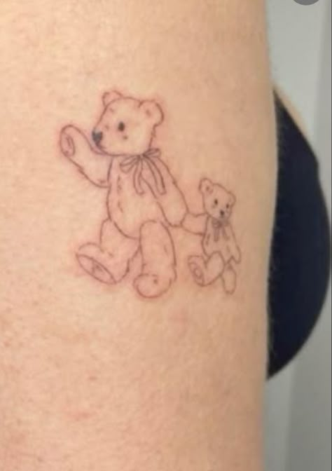 Small Teddy Bear Tattoos For Women, Two Bears Tattoo, Teddy Tattoo Bear, Childhood Toy Tattoo, Standing Bear Tattoo, Childhood Stuffed Animal Tattoo, Stuffed Bear Tattoo, Tiny Bear Tattoo, Cute Bear Tattoo