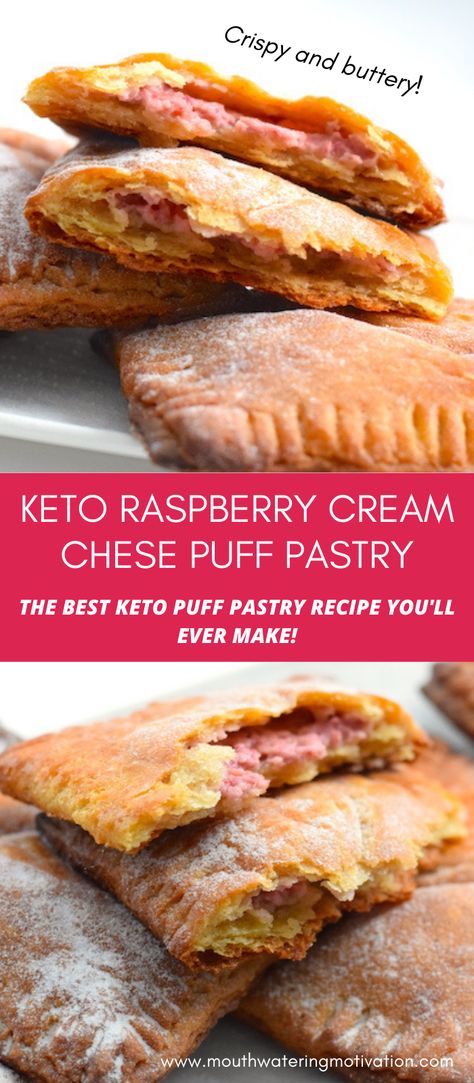 This keto puff pastry with raspberry cream cheese filling is seriously one of the best keto desserts I've ever made. You will be AMAZED at how flaky and buttery the pastry itself is. I promise this will be the best recipe you try! #ketopuffpastryrecipe #thebestketopuffpastry #ketopuffpasty #lowcarbpuffpastry #ketopastrydough Keto Flaky Pastry, Keto Turnovers, Keto Pastries Recipes, Low Carb Puff Pastry, Keto Pastry Recipes, Keto Bakery Recipes, Keto Puff Pastry Recipe, Keto Pastry Dough, Keto Strudel