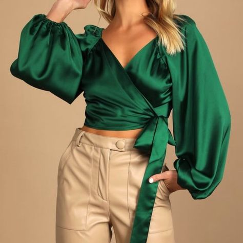 Lulu's Green Satin Wrap Crop Top Satin Crop Top Outfits, Green Top Outfit, White Crochet Crop Top, Satin Wrap Top, Dream Wedding Gown, Satin Shirts, Chic Skirt, Crop Top Designs, Satin Crop Top