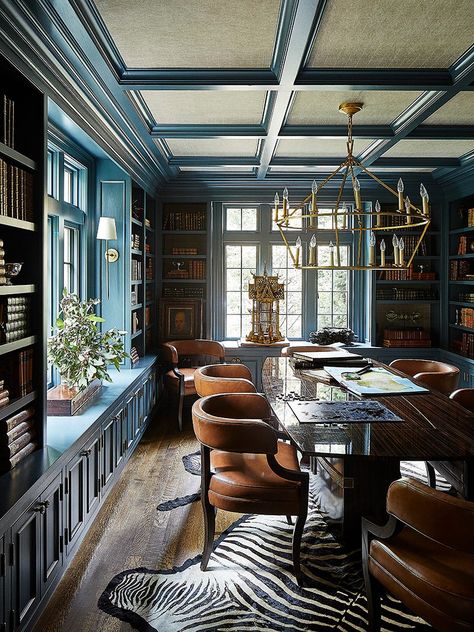 Traditional Home Office - Traditional - Home Office - Denver | Houzz Traditional Blue Dining Room, Formal Dining Room Office, Plaid Interior Design, Moody Mud Room, Old Money Home Office, Jewel Toned Office, Moody Blue Office, Study Styling, Tartan Office