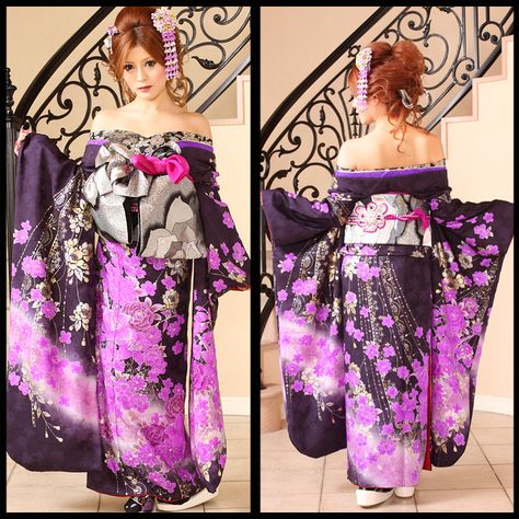 Off-shoulder furisode with front-tied obi. Interesting! Kimono Tattoo, Tattoo Off, Anime Kimono, Shoulder Tattoos, Gyaru Fashion, Japanese Textiles, Types Of Jackets, Bare Shoulders, Japanese Kimono