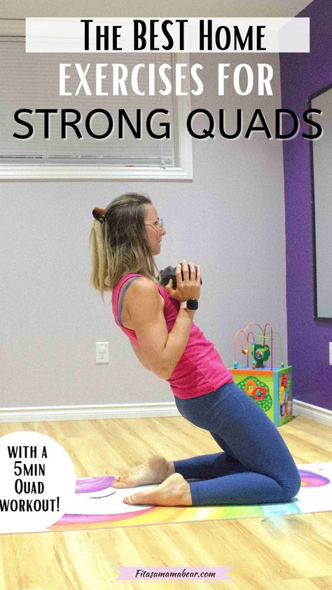 Use these at-home dumbbell quad exercises to grow, strengthen, and sculpt your legs! Skip the gym and rock a leg workout in the comfort of your pajamas @fitasamamabear #quadriceps #legexercises #legworkout #legday #workout #fitness Low Impact Quad Exercises, Quadracept Workout, Quad Exercises For Bad Knees, Quad Exercises At Home, Quad Strengthening, Quad Workout, 5 Minute Workout, Quad Muscles, Leg Workout At Home