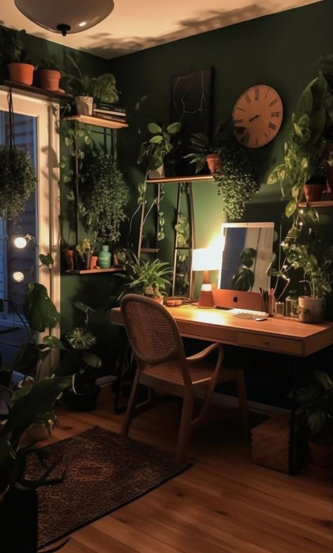 Desk With Plants Office Spaces, Green Earthy Room Aesthetic, Small Apartment Dark Aesthetic, Dark Green Plant Room, Desk Setup With Plants, Desk Ideas Plants, Green Wood Room Aesthetic, Plant Based Room Aesthetic, Plant Room Office Ideas