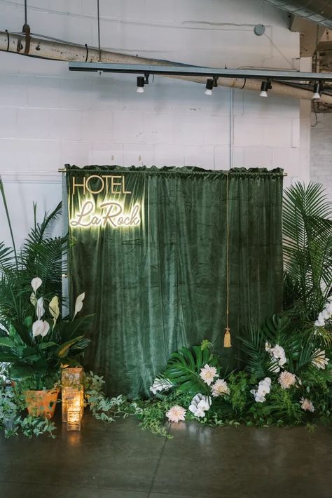 This green and white wedding at Strongwater in Columbus, Ohio found inspiration from the Bride's favorite hotel in Miami, Florida. Green Backdrop Wedding, Green Photo Booth, Downtown Columbus Ohio, Jungle Theme Decorations, Miami Hotel, Pastel Wedding Theme, Green And White Wedding, Old Hollywood Wedding, Greenery Wall