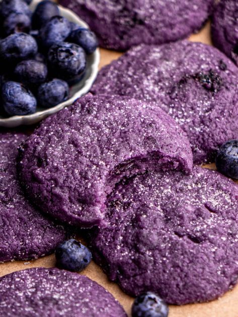 Baking Recipes With Blueberries, Chewy Blueberry Cookies, Purple Baked Goods, Purple Cookies Recipe, Blueberry Lavender Cookies, Cookie Recipes Blueberry, Creative Biscuit Ideas, Mixed Berry Cookies, Blueberry Cake Mix Cookies