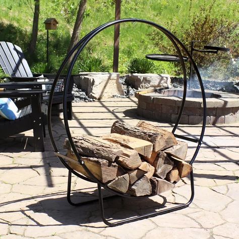 Log Storage, Firewood Logs, Firewood Holder, Farmhouse Designs, Round Fire Pit, Firewood Rack, Firewood Storage, Indoor Fireplace, Tubular Steel