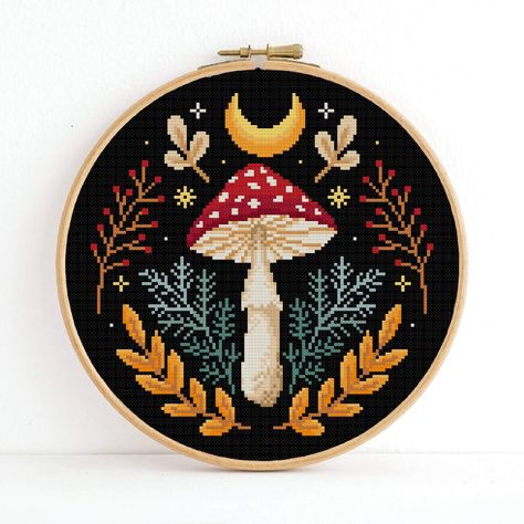 Cottage Core Cross Stitch, Witchy Cross Stitch Patterns, Cottagecore Cross Stitch, Woodland Cross Stitch, Witchy Cross Stitch, Cross Stitch Fall, Mushroom Cross Stitch, Gothic Cross Stitch, Fly Agaric