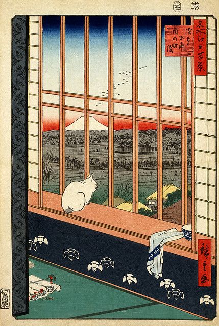 Hiroshige: Asakusa ricefields and torinomachi festival, 1857 | Flickr - Photo Sharing! Japanese Bobtail, Japan Painting, Utagawa Hiroshige, Japanese Cat, Ukiyo E, Art Japonais, Japanese Woodblock Printing, Japanese Painting, Window Art