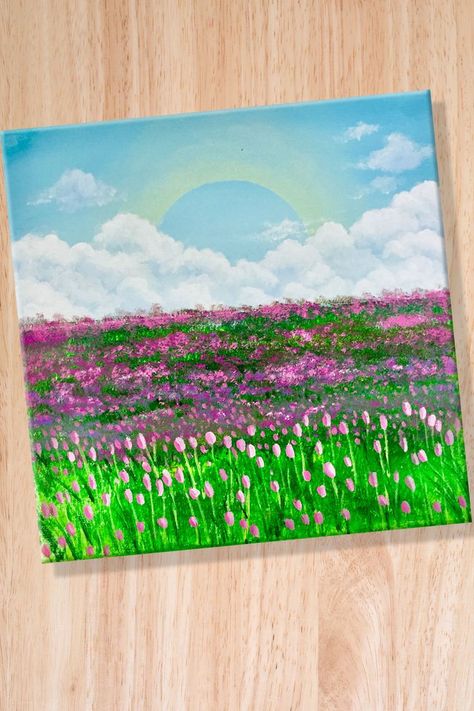 Tulip Field Painting, Cloud Scenery, Tutorial Acrylic Painting, Sunset Painting Easy, Painting Tutorial Acrylic, Flower Field Painting, Field Paint, Tulip Field, Paint Easy