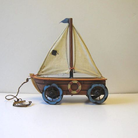 Toy Sailboat, Vintage Sailboat, Boat Beach, Pull Toys, Toy Boats, Sailboat Art, Toy Boat, Beach Cottage Decor, Sail Boat