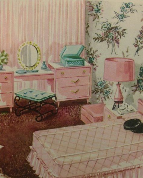 Pink bedroom: 50s Bedroom, Pinch Pleat Draperies, Pink Furniture, Retro Bedrooms, Living Vintage, Retro Renovation, Shabby Chic Living Room, Casa Vintage, Vintage Bedroom