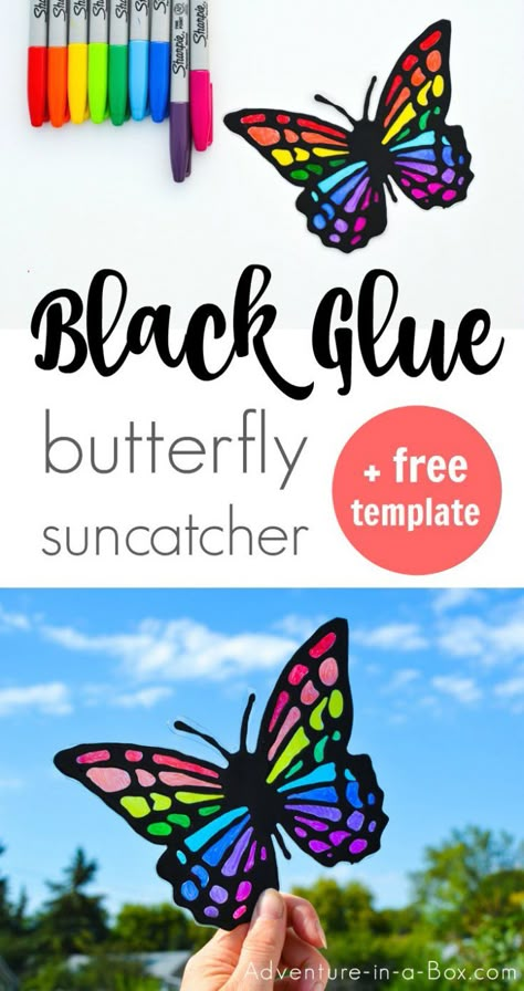 Make a vibrant butterfly suncatcher with kids! A great summer craft that requires very few materials! #summercraft #kidscrafts #suncatcher #butterfly Sun Catcher Craft, Butterfly Suncatcher, Diy Frühling, Vibrant Butterfly, Black Glue, Spring Butterfly, Stained Glass Effect, Art Projects For Adults, Suncatcher Craft