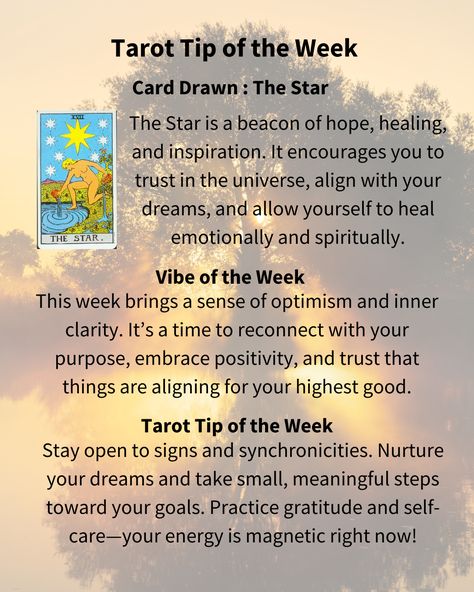 This week’s tarot guidance comes from The Star 🌟—a card of hope, inspiration, and healing. If you've been waiting for a sign, this is it! The universe is aligning things in your favor. Stay positive, trust the process, and let your inner light shine. 💫✨ Save this post for when you need a reminder that brighter days are ahead! #TarotWisdom #SpiritualJourney #TheStarCard #TarotReading Tarot Guidance, Weekly Tarot, Hope Inspiration, Tarot Tips, Tip Tuesday, Brighter Days, Beacon Of Hope, Card Drawing, Inner Light