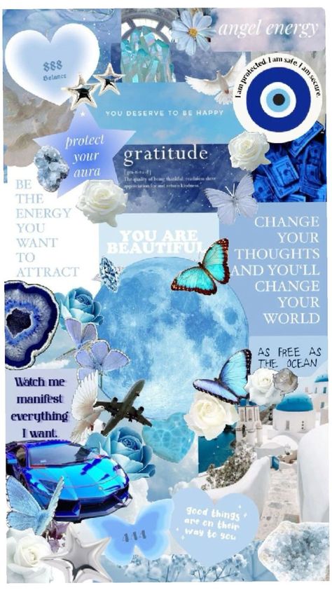 Vision Board Blue Aesthetic, Vision Board Blue, Blue Vision Board, Manifest Vision Board, Iphone Wallpaper Travel, Spiritual Vision Board, Create A Vision Board, Vision Board Ideas, Positive Quotes Wallpaper