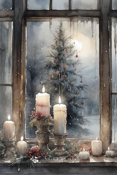 Christmas Artwork, Christmas Card Art, Painted Candles, Christmas Scenes, Christmas Wall Art, Vintage Christmas Cards, Christmas Paintings, Christmas Illustration, Christmas Aesthetic