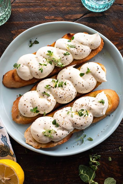 Shrimp Ricotta Recipes, Ricotta Lunch Recipes, Whipped Ricotta Crostini, Hosting Dinner Recipes, Toast Spreads, Ricotta Toast Recipes, Whipped Ricotta Toast, Ricotta Spread, Garden Lunch