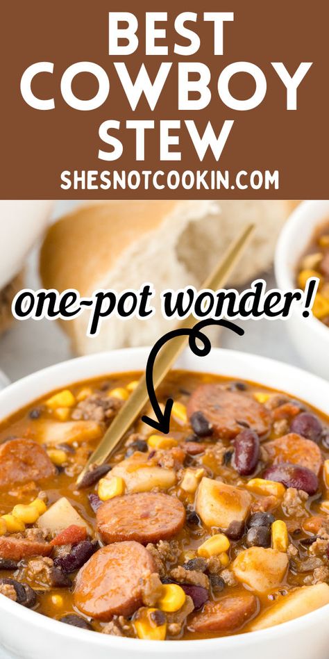 Cowboy stew in a white bowl. Cowboy Stew Recipe Ground Beef Crock Pot, Southern Style Cowboy Stew, Cowboy Cooking Outdoor, Cowboy Stuffing, Cowboy Stew Crockpot, Cowboy Stew Recipe Ground Beef, Cowboy Meals, Texas Cowboy Stew Recipe, Stew With Ground Beef