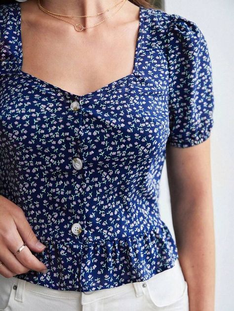 Elegant Button-up Tops With Floral Print, Floral Print Cotton Button-up Tops, Classic Floral Print Button-up Top, Feminine Floral Print Button-up Blouse, Ruffle Hem Blouse, Floral Print Rayon Button-up Top, Vacation Outfits Women, Ditsy Floral, Vacation Outfits