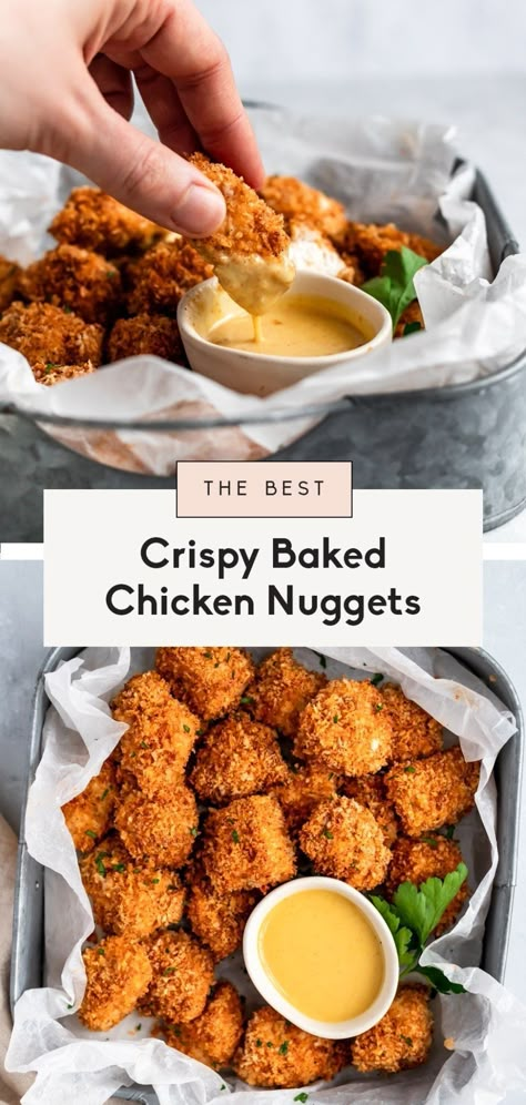 These are the BEST crispy baked chicken nuggets you'll ever make! This delicious, healthy chicken nuggets recipe takes just about 30 minutes from start to finish and uses super simple ingredients like panko breadcrumbs, chicken breast and spices. Serve with honey mustard, ketchup or your favorite BBQ sauce. Kid-friendly and adult approved! #chickennuggets #chicken Breadcrumbs Chicken, Healthy Chicken Nuggets, Chicken Nuggets Recipe, Baked Chicken Nuggets, Homemade Chicken Nuggets, Chicken Nugget Recipes, Healthy Baked Chicken, Nuggets Recipe, Ambitious Kitchen