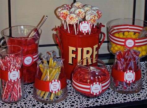 All of the candy carries the red, yellow and white theme – hot tamales, Swedish fish, lemon heads, red licorice, yellow M&M’s, fire_truck_cookies Fireman Baby Showers, Candy Buffet Labels, Firetruck Cake, Fireman Party, Firetruck Birthday Party, Fire Truck Party, Firefighter Party, Fireman Birthday, Firefighter Birthday