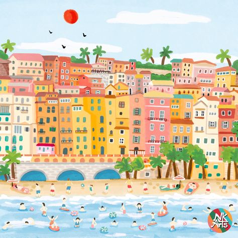 European Summer Illustration, European Beaches, Set Design Photography, Menton France, French Beach, Beach Drawing, Parisian Summer, Summer Illustration, Summer Painting