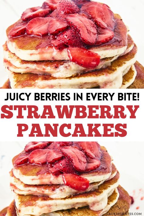 fluffy strawberry pancakes Strawberry Pancakes Recipe, Classic Pancake Recipe, Berry Pancakes, Freeze Pancakes, Fruit Pancakes, Homemade Pancake Recipe, Strawberry Pancakes, Pancake Calories, Pancake Bites