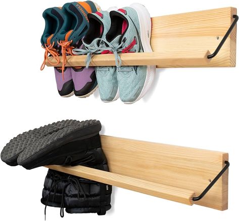 Amazon.com: Wall Mounted Shoe Rack - Wooden Entryway Shoe Rack - Hallway Stylish Shoe Rack Wall Mounted - Minimal Design Narrow Shoe Rack for entryway to Keep Any Shoes Off The Floor (Pine, 30 in. Wide) : Home & Kitchen Shallow Wall Shoe Storage, Shoe Storage For Small Spaces Entryway, Boot Storage In Closet, Wall Hanging Shoe Storage, Shoe Storage Behind Door, Small Space Shoe Storage Entryway, Diy Wall Shoe Rack, Garage Coat And Shoe Storage, Garage Shoe Storage Ideas