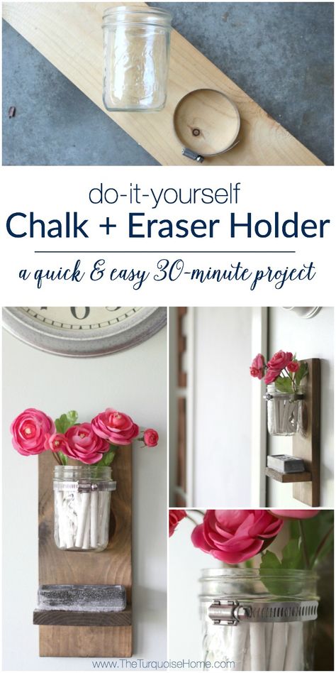 Wow! This is so cute and so easy!! DIY Chalk and Eraser Holder for a Chalkboard | DIY Tutorial | TheTurquoiseHome.com Chalkboard Diy, Weathered Oak Stain, Chalk Holder, Diy Chalk, Diy Chalkboard, Home Decor Hacks, Chalkboard Wall, Upcycle Projects, Kids Wood