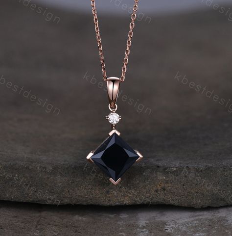 Here we have a princess cut black onyxnecklace in rose gold. For those who are looking for black gemstone jewelry which is handcrafted in details, this unique onyx necklace would be a perfect choice for you. Whether it be a Birthday gift for her, an anniversary gift her, or a celebration of yourself. Details: *8mm princess cut natural black onyx *Stone weight: 3CT *Side stone: Moissanite Chain: 18 Inches length. I accept custom making order. Please contact me if you need this service. All the je Moissanite Chain, Anniversary Necklace, Black Onyx Necklace, Magical Jewelry, Onyx Jewelry, Pendant For Women, Onyx Necklace, Pretty Necklaces, Personalized Anniversary