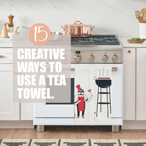 15 CREATIVE WAYS TO USE A TEA TOWEL Displaying Tea Towels, How To Display Tea Towels, Tea Towel Display Retail, How To Display Tea Towels For Sale, Retail Display Tea Towels, Display Tea Towels, Transfer Recipe To Tea Towel, Oven Hanging Tea Towel Diy, Tea Towel Display