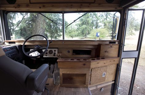 A wooden dash, custom built by Gary Sarault, features plenty of storage and cup holding space. Matthew Johansen and Jeff Sarault are having a 1995 Ford school bus converted into a RV. "Skoolie conversions" are gaining in popularity. Used buses are relatively inexpensive to buy and custom designed to meet the traveler's needs. Kristyna Wentz-Graff / Staff Bus Renovation, Bus Remodel, Bus Rv Conversion, Skoolie Ideas, Bathroom School, Bus Tiny House, Tiny Campers, Bus Conversion Ideas, House Bus