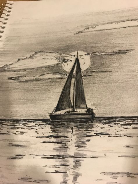 Ocean Pencil Sketches, Sailboat Pencil Drawings, Ocean Sketch Pencil, Boat In The Sea Drawing, Things To Draw Landscape, Sea Sketch Ocean, Boat On Water Drawing, Sea Sketch Pencil, Ocean Drawing Pencil