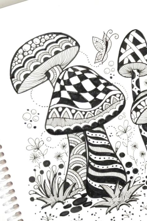 Zentangle Art Beginners, Zentangle Art Ideas, Beautiful Easy Drawings, Easy Zentangle, Drawing Step By Step, Mushroom Drawing, Zentangle Artwork, Woodland Art, Zen Doodle Art