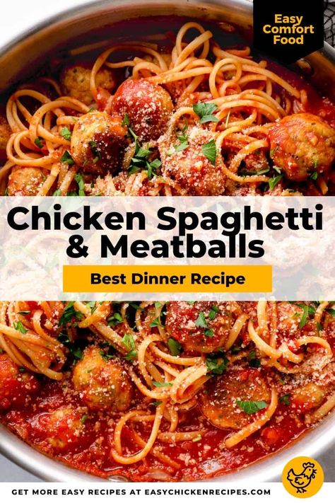 Chicken spaghetti and meatballs is a meal you already know and love, but with a delicious chicken twist! This is a family favorite dinner that even the pickiest of eaters will love. Spicy Chicken Meatballs, 2023 Meals, Chicken Meatballs Healthy, Spaghetti Night, Spaghetti Meatball Recipes, Easy Chicken Spaghetti, Spaghetti And Meatballs Recipe, Ground Chicken Meatballs, Minced Chicken Recipes