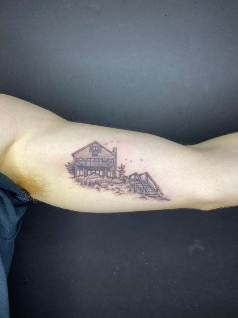 Beach House Tattoo Band, Beach House Tattoo, Podcast Setup, House Tattoo, Castle Tattoo, Beach Path, Summer Tattoo, Beach Tattoo, Street House