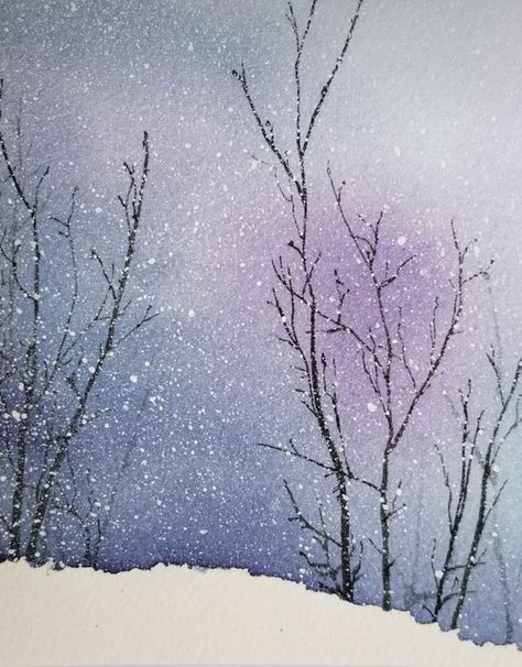 Watercolor Snow Paintings, Watercolor Art Winter Easy, Watercolour Winter Trees, Simple Winter Watercolor Paintings, Winter Art Inspiration, Winter Tree Watercolor, Christmas Cards Handmade Watercolor Winter Scenes, How To Paint Snow In Watercolor, Winter Solstice Watercolor