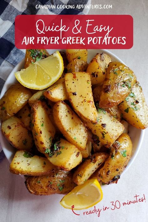 Quick and easy Air Fryer Greek Potatoes with lemon Lemon Potatoes Air Fryer, Greek Potatoes Recipe Air Fryer, Greek Potatoes Air Fryer, Greek Potatoes Recipe, Airfryer Food, Greek Roasted Potatoes, Air Fryer Potatoes, Lemon Roasted Potatoes, Air Fry Potatoes