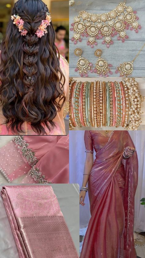 Pink Saree With Jewellery, Pink Saree Jewellery, Saree With Jewellery, Traditional Hairstyle, Color Combos Outfit, Saree Jewellery, Indian Look, Dance Like This, Hair Ponytail Styles