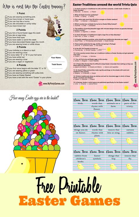 30 Free Printable Easter Games Easter Trivia Games Free Printable, Rabbit Free Printable, Easter Bible Trivia, Easter Games For Adults, Easter Word Scramble, Easter Crossword, Animal Word Search, Easter Trivia, Baby Animal Name Game