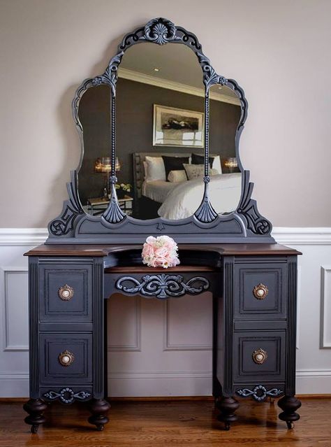 There’s just something that truly fascinates me about antique vanities. Their gorgeous carvings and their charm. This one was no exception! Painted in General Finishes Queenstown Gray with accents of GF Antique White. I just love how beautiful this 1940's one came out! Vanity Diy Makeover, Vanity Paint Ideas, Restored Vanity, Vanity Refurbished Diy, Makeup Vanity Redo, Old Vanity Makeover, Vanity Makeover Ideas, 1940 Furniture, Upcycled Vanity