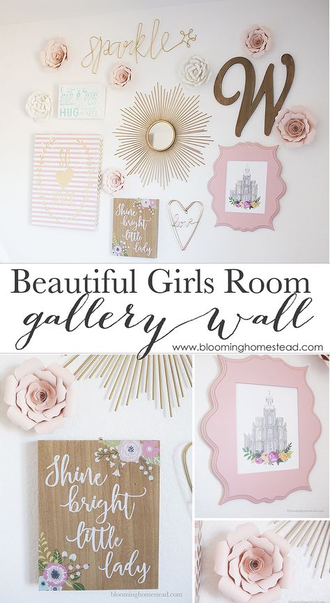 Girls Room Gallery Wall - Blooming Homestead Hobby Lobby Girls Room Decor Ideas, Hermione Bedroom, Hobby Lobby Girls Room Decor, Hobby Lobby Girls Room, Girls Room Gallery Wall, Dior Room, Girls Flower Bedroom, Wall Decor Girls Bedroom, Girls Gallery Wall