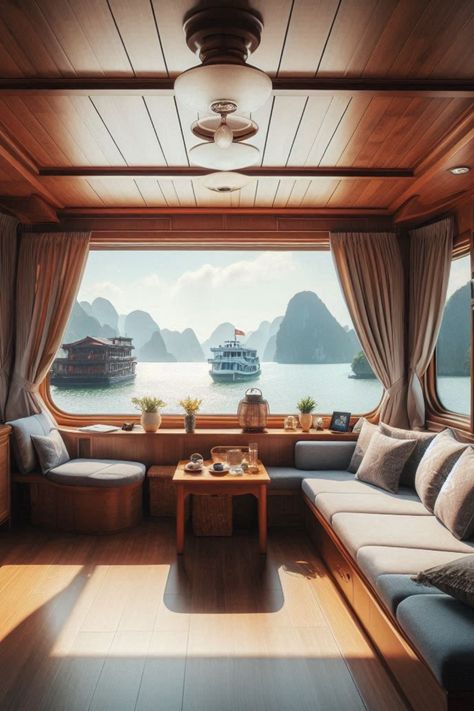 Cozy cabin interior of a cruise ship with large windows showcasing Halong Bay view Ha Long Bay Cruise, Vietnam Cruise, Cruise Luxury, Halong Bay Cruise, Bay Boat, Halong Bay Vietnam, Boat Cruise, Bay Boats, Desert Tour