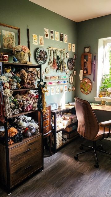 Whimsigoth Art Studio, Studio Apartment Artist, Guest Room Art Studio Combo, Witchy Art Studio, Art Nook Small Spaces, Maximalist Craft Room, Maximalist Art Studio, Fiber Art Studio, Art Studios At Home